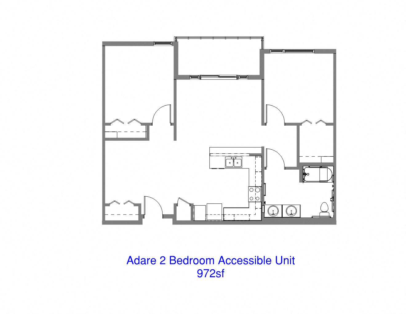 Floor plan for 2 beds, 1 bath, 972 sqft
